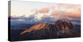 Aerial view of Sassolungo and Sassopiatto mountain range at sunset, Dolomites, South Tyrol, Italy, -Roberto Moiola-Stretched Canvas