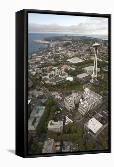 Aerial View of Seattle Center, Space Needle, and Puget Sound, Seattle, Washington, USA-Merrill Images-Framed Stretched Canvas