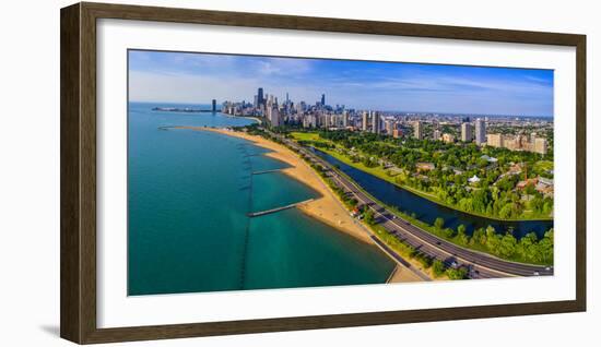 Aerial view of shoreline and Lincoln Park lagoon, Chicago, Cook County, Illinois, USA-null-Framed Photographic Print
