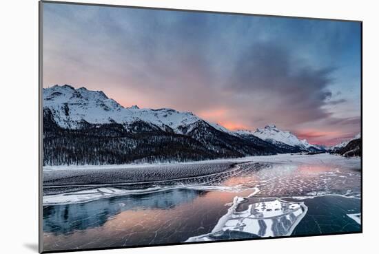 Aerial view of snowcapped mountains and frozen Lake Silvaplana at sunrise-Roberto Moiola-Mounted Photographic Print