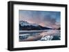 Aerial view of snowcapped mountains and frozen Lake Silvaplana at sunrise-Roberto Moiola-Framed Photographic Print