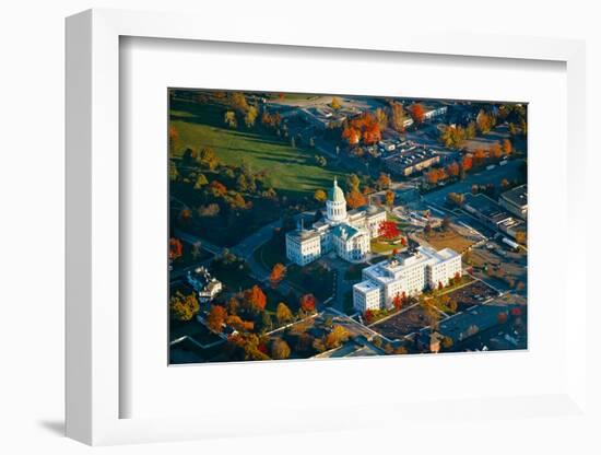 Aerial view of State Capital building and autumn color in Augusta, Maine-null-Framed Photographic Print