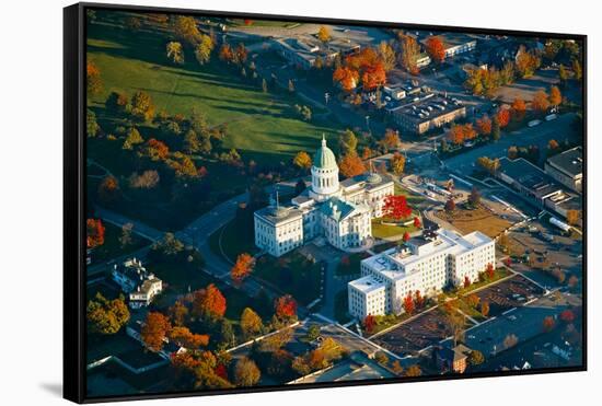 Aerial view of State Capital building and autumn color in Augusta, Maine-null-Framed Stretched Canvas