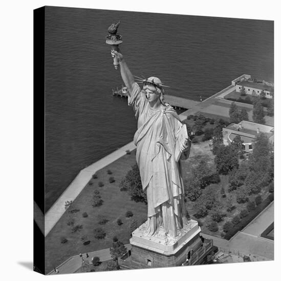 Aerial View of Statue of Liberty from Helicopter-null-Stretched Canvas