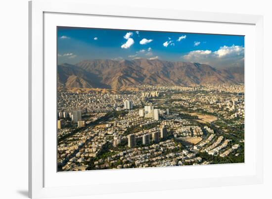 Aerial view of Tehran facing North towards the Alborz Mountains, Tehran, Iran, Middle East-James Strachan-Framed Photographic Print