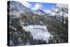 Aerial View of the Alpine Village of Laguzzola Framed by Woods and Snowy Peaks, Spluga Valley-Roberto Moiola-Stretched Canvas