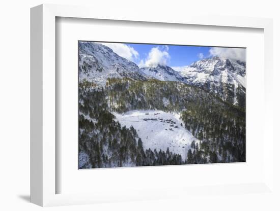 Aerial View of the Alpine Village of Laguzzola Framed by Woods and Snowy Peaks, Spluga Valley-Roberto Moiola-Framed Photographic Print