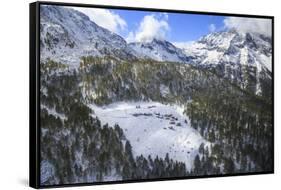 Aerial View of the Alpine Village of Laguzzola Framed by Woods and Snowy Peaks, Spluga Valley-Roberto Moiola-Framed Stretched Canvas