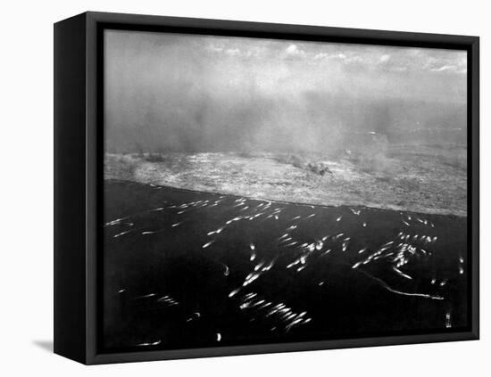 Aerial View of the First Wave of Landing Craft Invading Iwo Jima-null-Framed Stretched Canvas