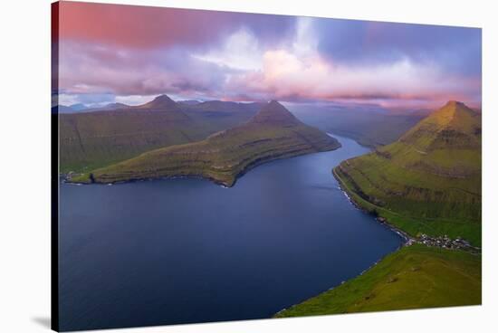 Aerial view of the fjord at sunrise, Funningur, Eysturoy island, Faroe islands, Denmark-Paolo Graziosi-Stretched Canvas