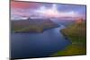 Aerial view of the fjord at sunrise, Funningur, Eysturoy island, Faroe islands, Denmark-Paolo Graziosi-Mounted Photographic Print