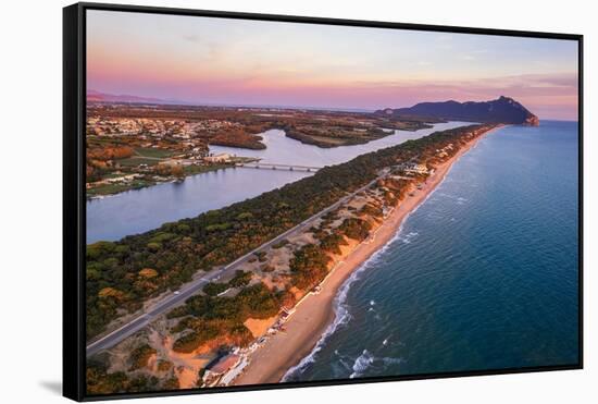 Aerial view of the lake and beach of Sabaudia with the woody mountain of Circeo-Paolo Graziosi-Framed Stretched Canvas