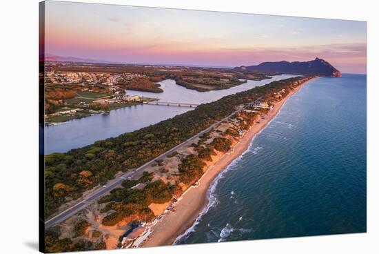 Aerial view of the lake and beach of Sabaudia with the woody mountain of Circeo-Paolo Graziosi-Stretched Canvas