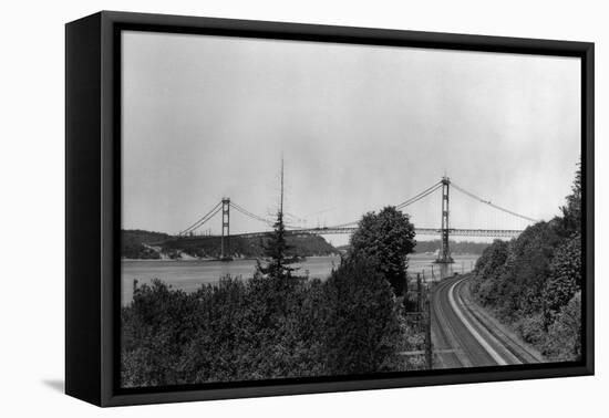 Aerial View of the Narrows Bridge - Tacoma, WA-Lantern Press-Framed Stretched Canvas
