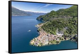 Aerial View of the Picturesque Village of Varenna Surrounded by Lake Como and Gardens-Roberto Moiola-Framed Stretched Canvas