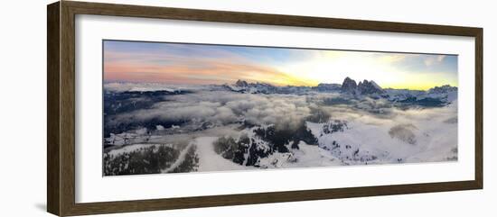 Aerial view of the snowcapped Sassolungo and Sassopiatto mountains at dawn, Seiser Alm-Roberto Moiola-Framed Photographic Print