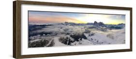 Aerial view of the snowcapped Sassolungo and Sassopiatto mountains at dawn, Seiser Alm-Roberto Moiola-Framed Photographic Print