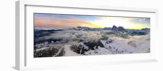 Aerial view of the snowcapped Sassolungo and Sassopiatto mountains at dawn, Seiser Alm-Roberto Moiola-Framed Photographic Print