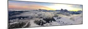 Aerial view of the snowcapped Sassolungo and Sassopiatto mountains at dawn, Seiser Alm-Roberto Moiola-Mounted Photographic Print