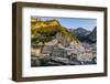 Aerial view of the town at sunrise, Amalfi, Amalfi Coast (Costiera Amalfitana), Campania-Lorenzo Mattei-Framed Photographic Print