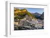 Aerial view of the town at sunrise, Amalfi, Amalfi Coast (Costiera Amalfitana), Campania-Lorenzo Mattei-Framed Photographic Print