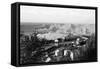 Aerial View of Town, Battleships in Distance - Port Angeles, WA-Lantern Press-Framed Stretched Canvas