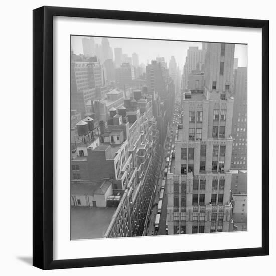 Aerial View of Trucks Delivering Goods in Garment District-null-Framed Photographic Print
