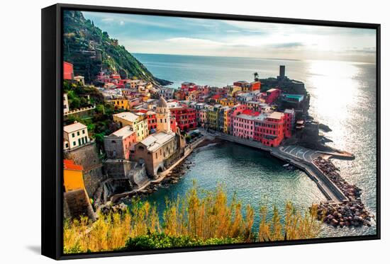 Aerial View of Vernazza - Small Italian Town in the Province of La Spezia, Liguria, Northwestern It-amok-Framed Stretched Canvas