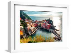 Aerial View of Vernazza - Small Italian Town in the Province of La Spezia, Liguria, Northwestern It-amok-Framed Photographic Print