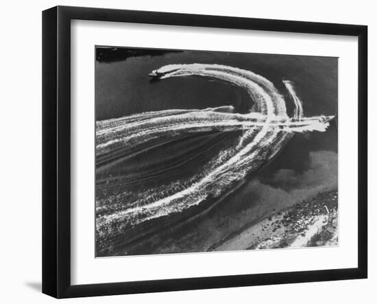 Aerial View of Waterskiers and Motorboats Speeding across the Pacific Ocean at Marine Stadium-Margaret Bourke-White-Framed Photographic Print