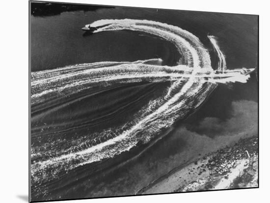 Aerial View of Waterskiers and Motorboats Speeding across the Pacific Ocean at Marine Stadium-Margaret Bourke-White-Mounted Photographic Print
