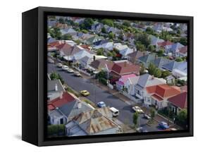 Aerial View of Wooden Villas, Corrugated Iron Roofs, Suburban Street, Auckland-Julia Thorne-Framed Stretched Canvas