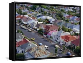 Aerial View of Wooden Villas, Corrugated Iron Roofs, Suburban Street, Auckland-Julia Thorne-Framed Stretched Canvas