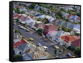 Aerial View of Wooden Villas, Corrugated Iron Roofs, Suburban Street, Auckland-Julia Thorne-Framed Stretched Canvas