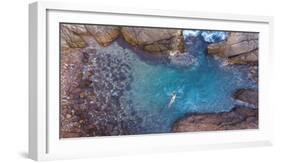 Aerial View of Young Woman in the Blue Sea among Rocks, Oaxaca Mexico from Above-Rodrigo Lucentini-Framed Photographic Print