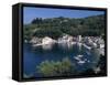 Aerial View over Loggos Harbour, Paxos, Ionian Islands, Greek Islands, Greece, Europe-Julia Bayne-Framed Stretched Canvas