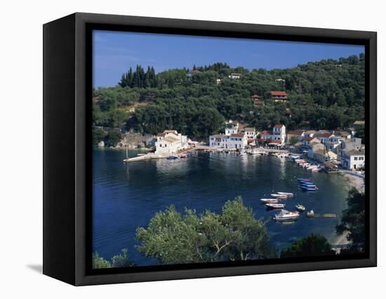 Aerial View over Loggos Harbour, Paxos, Ionian Islands, Greek Islands, Greece, Europe-Julia Bayne-Framed Stretched Canvas