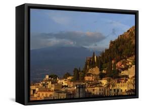 Aerial View over Town of Taormina at Dusk, Including Mount Etna, 3340M, in Distance, Sicily, Italy-Maxwell Duncan-Framed Stretched Canvas