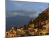 Aerial View over Town of Taormina at Dusk, Including Mount Etna, 3340M, in Distance, Sicily, Italy-Maxwell Duncan-Mounted Photographic Print
