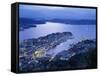 Aerial View the Harbour and City of Bergen at Dusk, Norway, Scandinavia, Europe-null-Framed Stretched Canvas