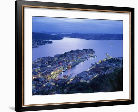 Aerial View the Harbour and City of Bergen at Dusk, Norway, Scandinavia, Europe-null-Framed Photographic Print