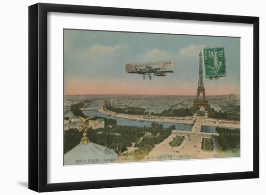 Aeroplane Circling around the Eiffel Tower in Paris, France. Postcard Sent in 1913-French Photographer-Framed Giclee Print