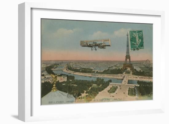 Aeroplane Circling around the Eiffel Tower in Paris, France. Postcard Sent in 1913-French Photographer-Framed Giclee Print