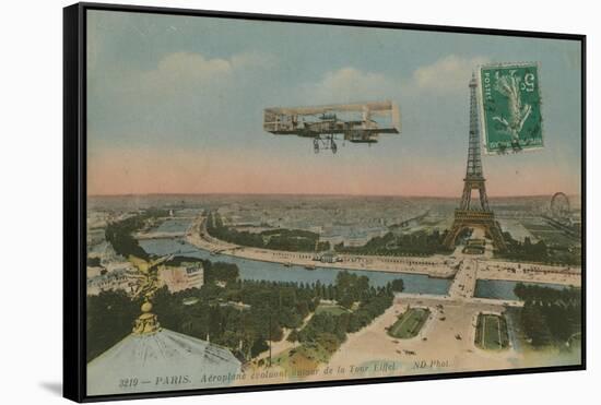 Aeroplane Circling around the Eiffel Tower in Paris, France. Postcard Sent in 1913-French Photographer-Framed Stretched Canvas