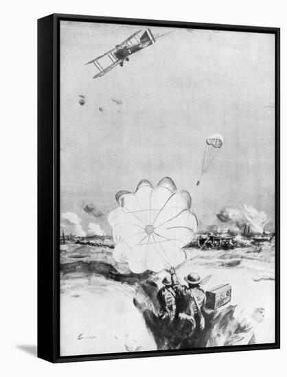 Aeroplane Supplying Ammunition to the British Front Line, World War I, 1914-1918-Joseph Simpson-Framed Stretched Canvas