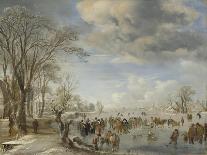 A Winter Landscape with Townsfolk Skating and Playing Kolf on a Frozen River, a Town Beyond-Aert van der Neer-Giclee Print