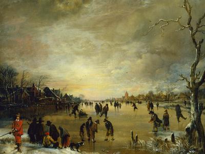 Winter Landscape at Sunset with People playing Golf and Skating