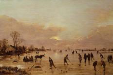 A Winter Landscape with Townsfolk Skating and Playing Kolf on a Frozen River, a Town Beyond-Aert van der Neer-Giclee Print