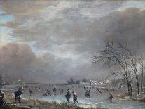 A Winter Landscape with Townsfolk Skating and Playing Kolf on a Frozen River, a Town Beyond-Aert van der Neer-Giclee Print