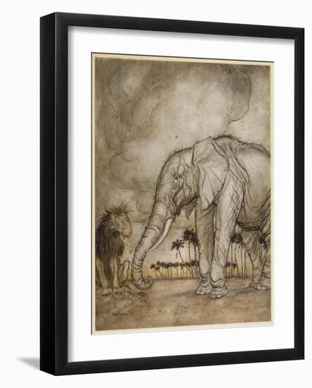 Aesop, Lion and Elephant-Arthur Rackham-Framed Art Print